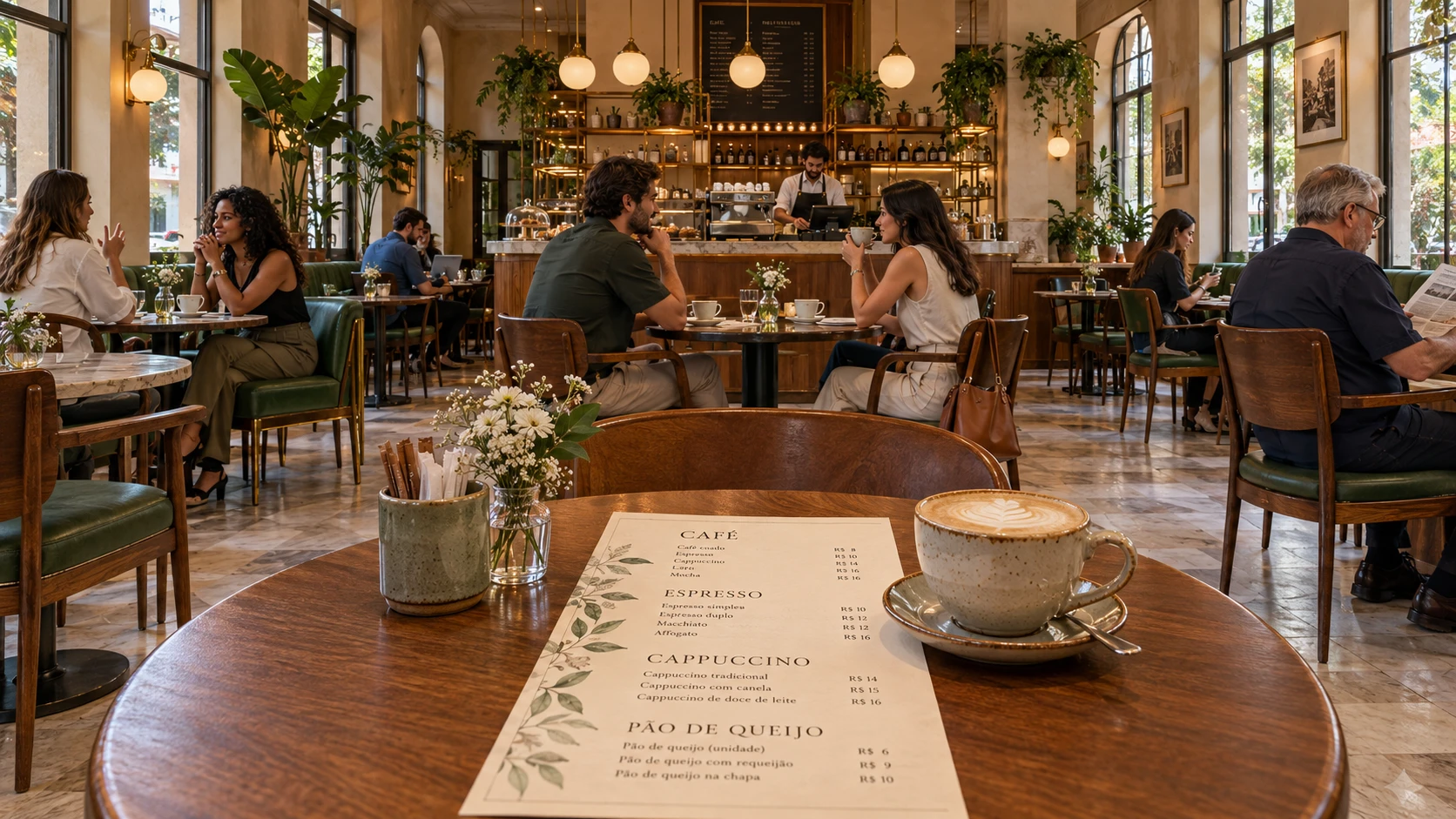Cena ilustrativa de um café: cardápio e xícara em primeiro plano, pessoas, plantas e balcão ao fundo